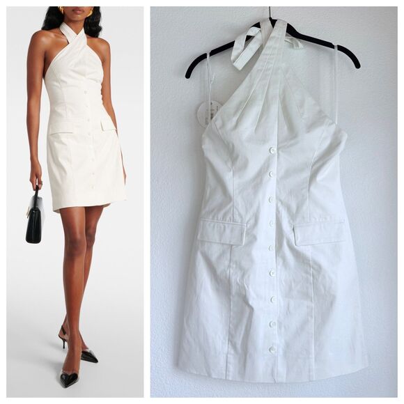 NWT STAUD Haven Cotton Chino Halter Neck Button Front Mini Dress in Ivory Size 2 - Picture 1 of 16
